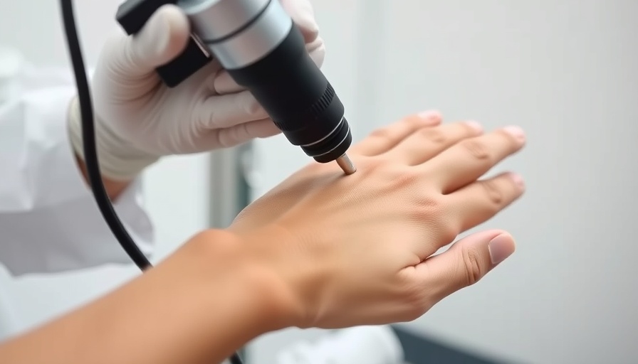 Dermatologist examines skin with dermatoscope for IL-17 inhibitors psoriasis treatment.