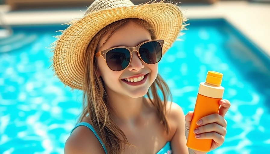 Smiling girl with sunscreen by pool for summer skincare.