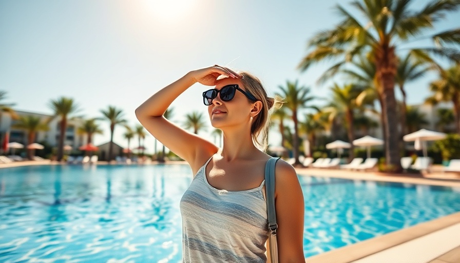 Woman enjoying poolside view in UPF clothing, highlighting sun protection benefits.