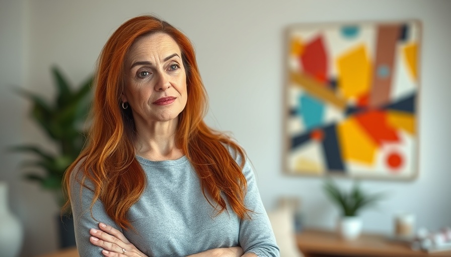 Calm woman sharing menopause skincare routine tips indoors.