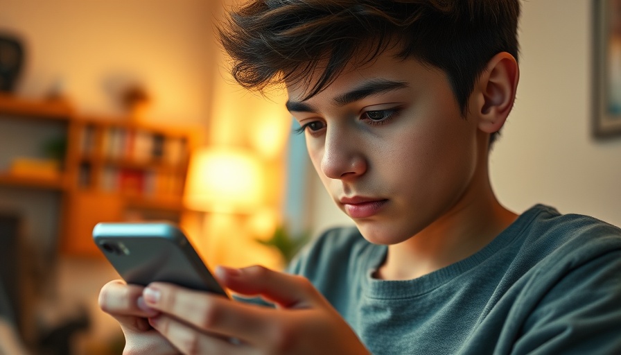 Young person reading news on smartphone with laptop in background