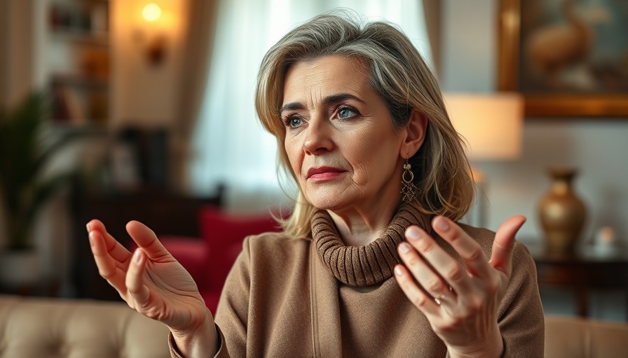 Middle-aged woman discusses topical estrogen cream for midlife indoors.