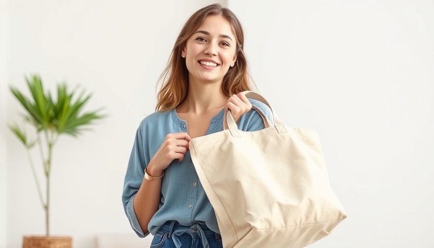 Woman showcasing a survival kit for hot days in a tote bag.