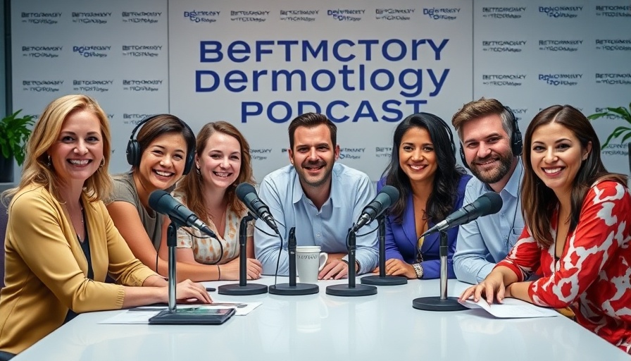 SkinSync Podcast team discusses dermatology topics, professional setting.