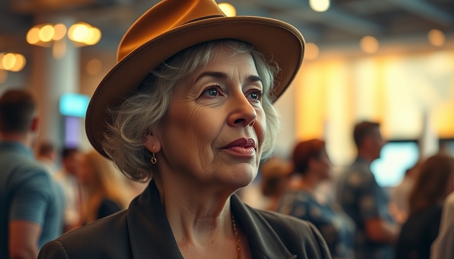 Middle-aged woman thoughtfully discussing the mind-body connection in an event setting.