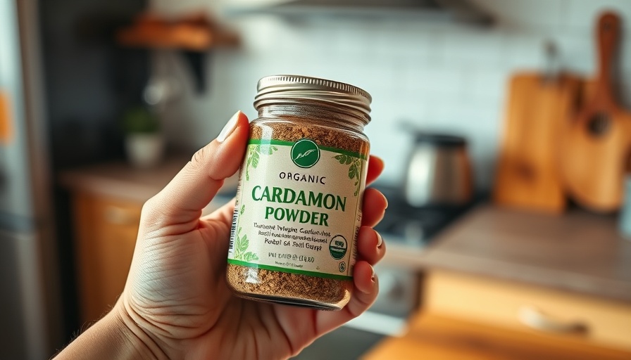 Organic cardamom powder jar held in hand, close-up view, grain-free chai spice granola ingredient.