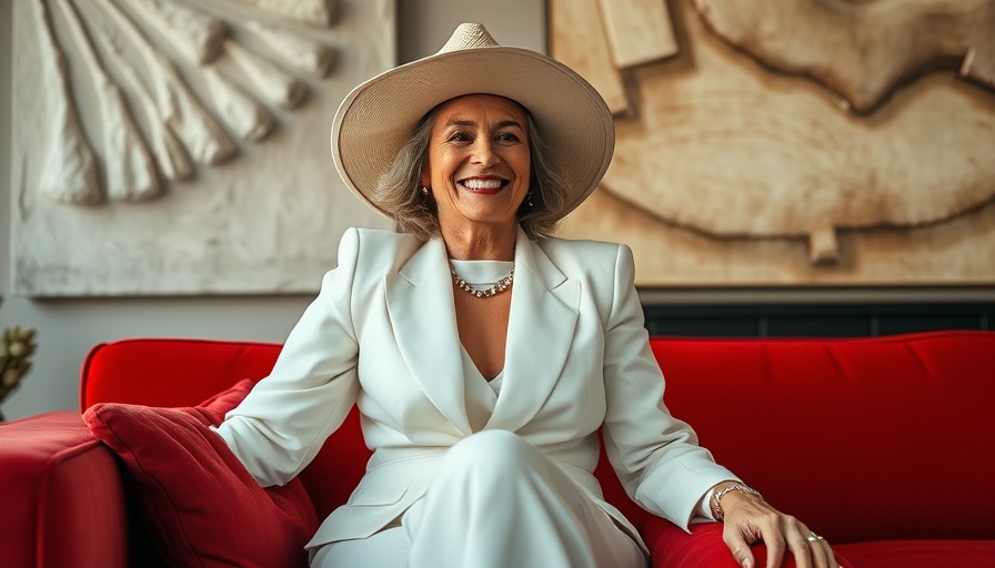 Elegant woman in white expressing happiness on red couch, Rewrite the Story YOU Believe.