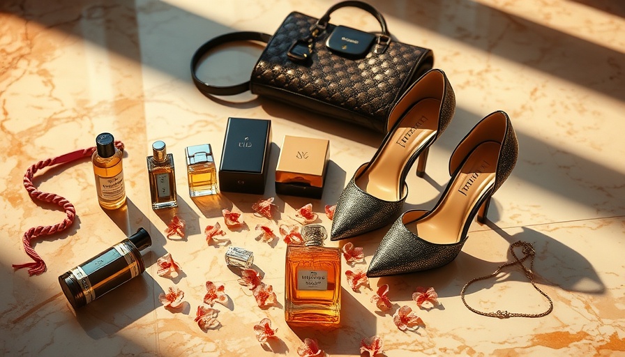 Fashion scene with fragrance bottle and stylish accessories on marble.