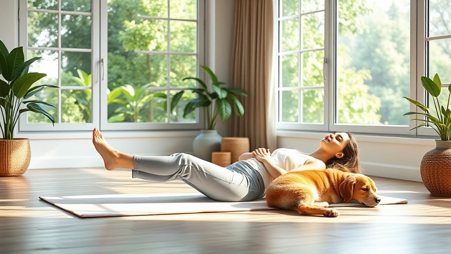 Relaxed woman in a gentle movement class practicing yoga with her dog, promoting healing movement.