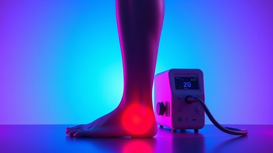 Shockwave therapy device for foot pain relief in a cinematic setting.