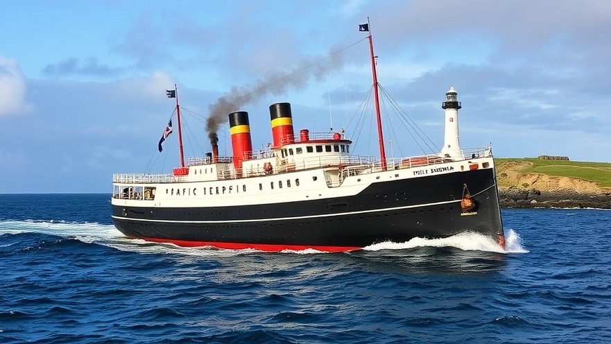 British tramp steamer Pacific Enterprise sailing by Point Arena Lighthouse on the Pacific Ocean.
