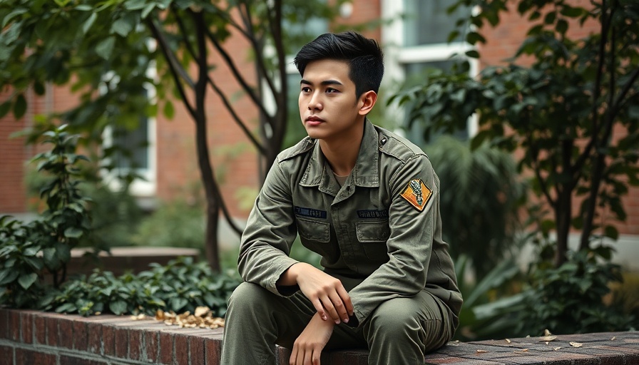 Young person in military attire sitting by foliage, brick background.