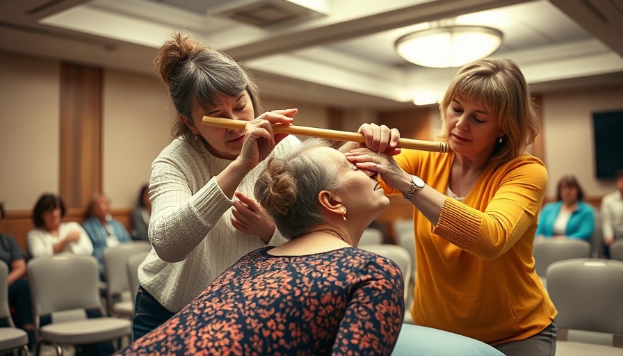 Unusual neck and head massage technique demonstration at a conference.