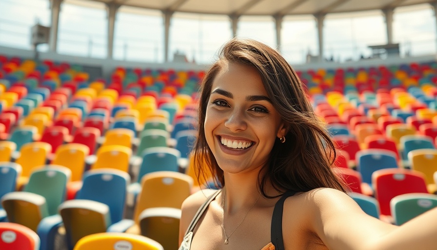 Young woman smiling in sunglasses, enjoying sun, colorful seats.