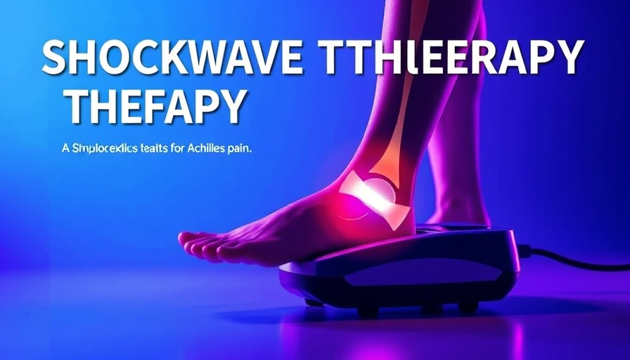 Shockwave therapy device treating Achilles pain with text overlay.