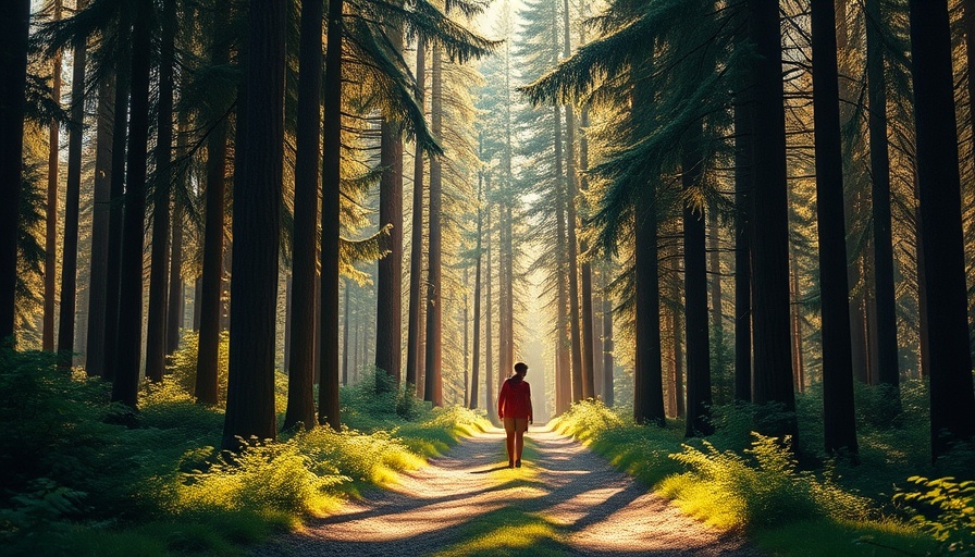 Tranquil forest path with two people walking, symbolizing freedom from tech overload.