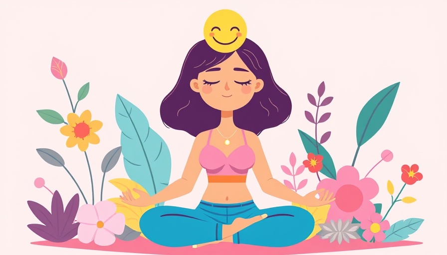 Cartoon woman meditating peacefully, promoting mental health.