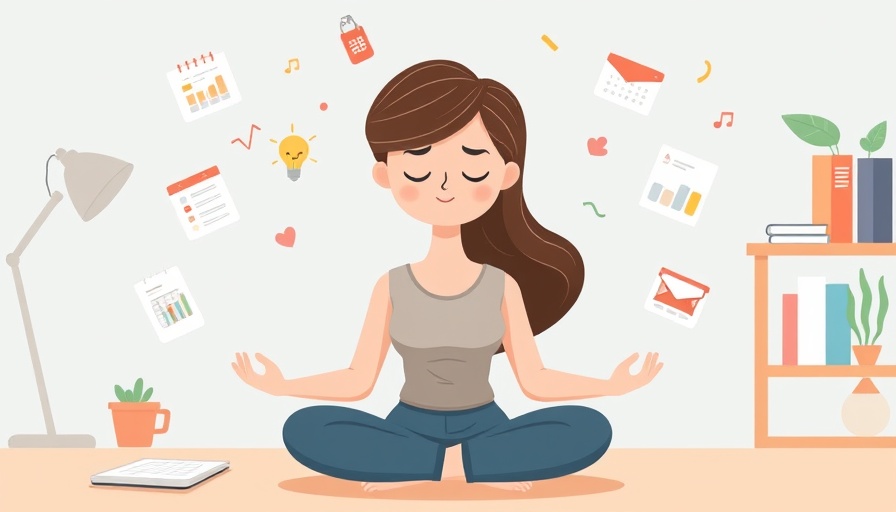 Woman meditating amidst work tasks representing mental health balance.