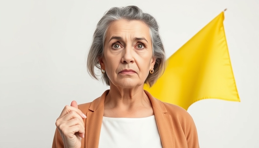 Woman holding a yellow flag with skeptical look, related to therapy.