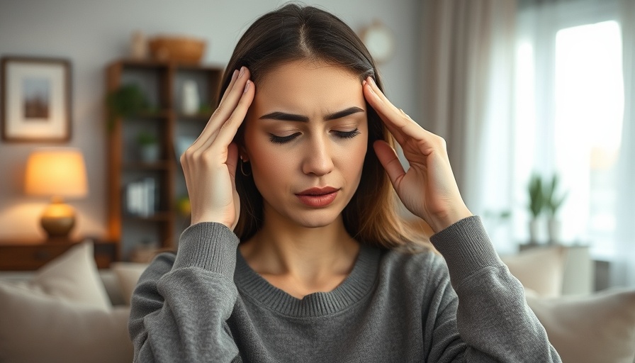 Young woman with headache massaging temples for relief.