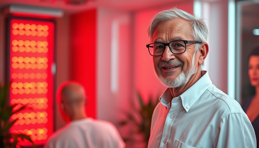 Older man smiling, red light therapy room, anti-aging reset discussion.