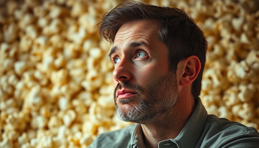 Man contemplating diverticulosis diet with popcorn background.