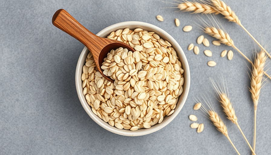 Rolled oats in bowl with scoop and wheat stems, free of concerns about ochratoxin and aflatoxin.