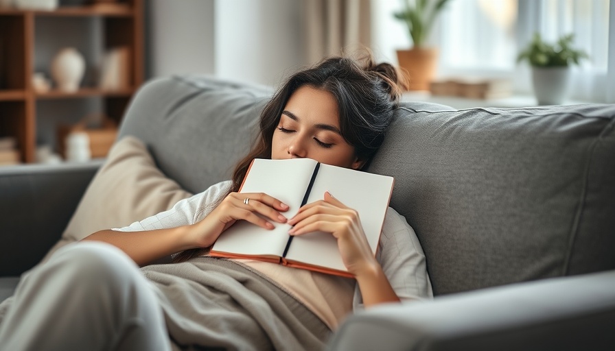 Peaceful woman practicing sleep hygiene by resting with a book indoors.