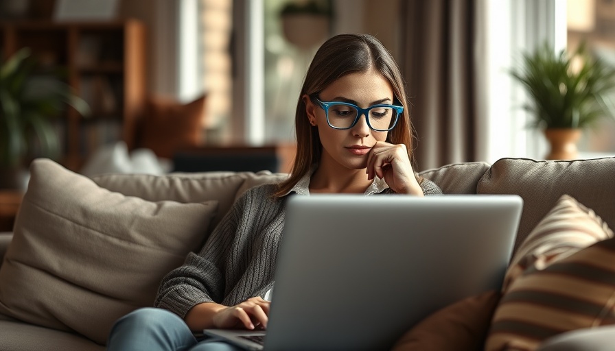 Woman using laptop with blue blockers for health indoors.