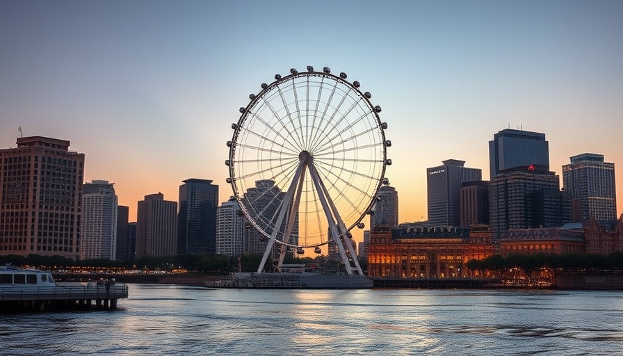 Ferris wheel reflecting on water at dusk, urban skyline.