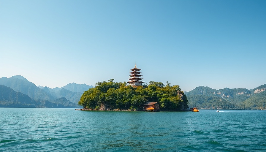 Scenic island with pagoda in tranquil water under clear sky.