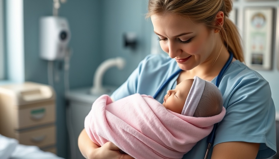Nurse holding newborn in hospital, gentle and caring scene.