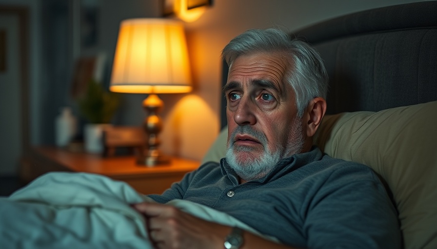 Elderly man with nocturia sitting up in bed at night, 2025.