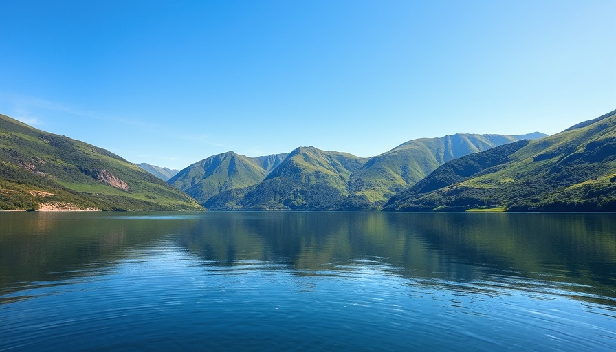 Tranquil mountain lake with lush green hills, serene view