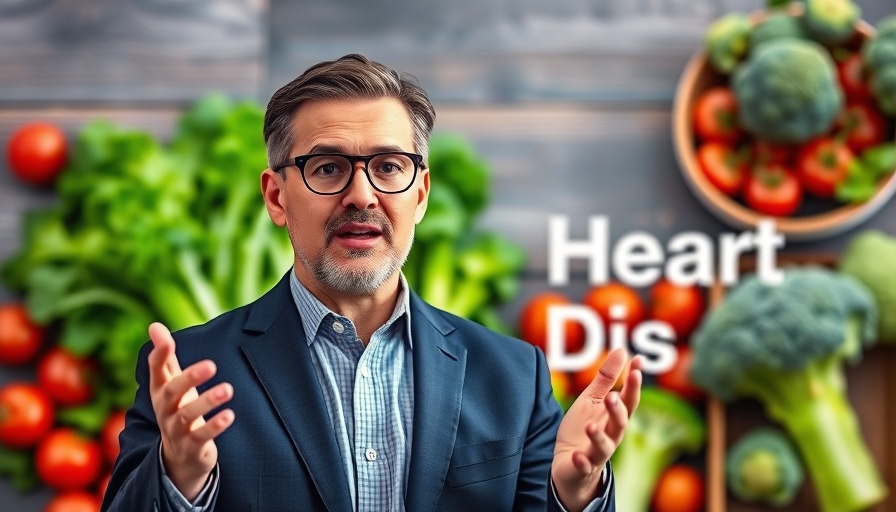 Professional speaker discussing eliminating heart disease with healthy food backdrop.