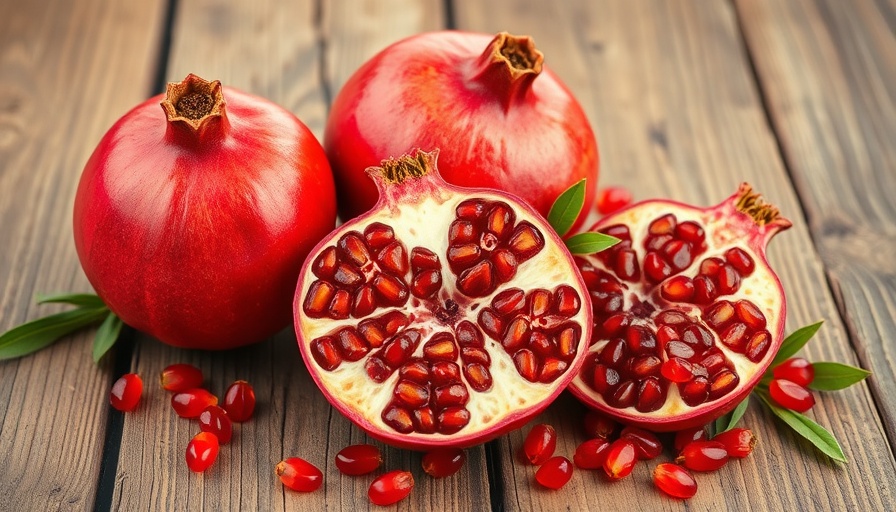 Fresh pomegranates showcasing health benefits on wooden background.
