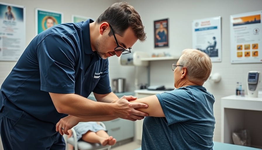 Chiropractor in clinic helping patient with arm treatment