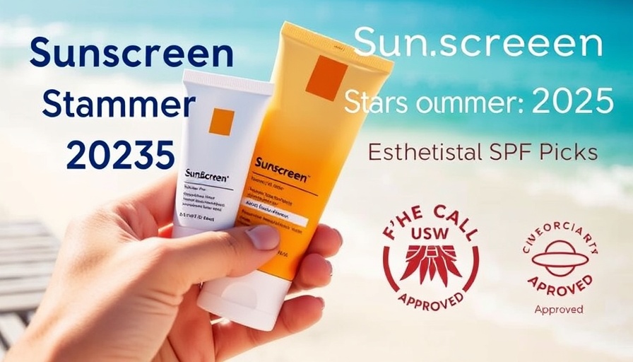 Esthetician approved sunscreen tubes at the beach with summer text.