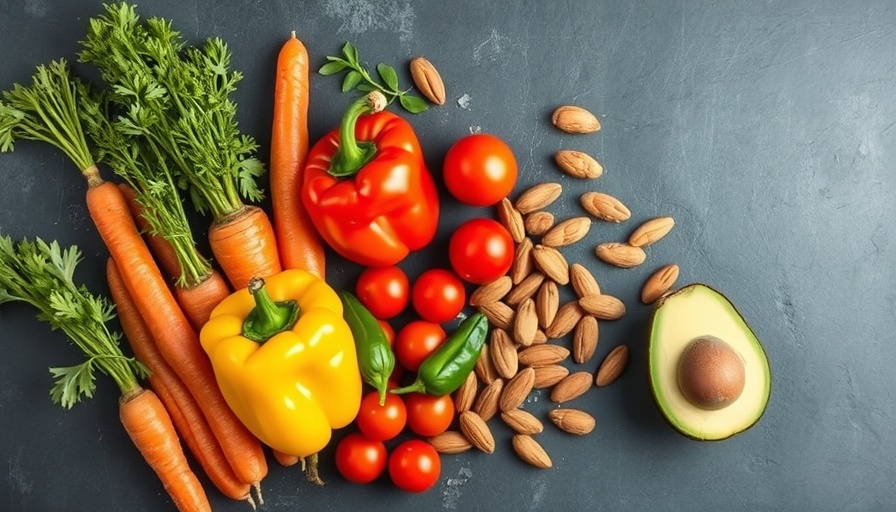 Vibrant assortment of fresh vegetables and nuts promoting phytonutrients and healthy aging.