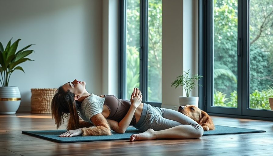 Relaxed woman practicing yoga with a dog for sick recovery