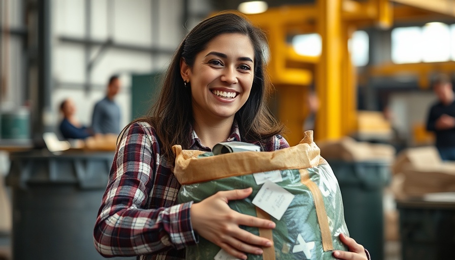 Smiling woman handling materials in a corporate environment, highlighting zero waste initiative.