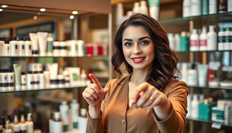 Confident woman in skincare section, bright store, skincare products background.