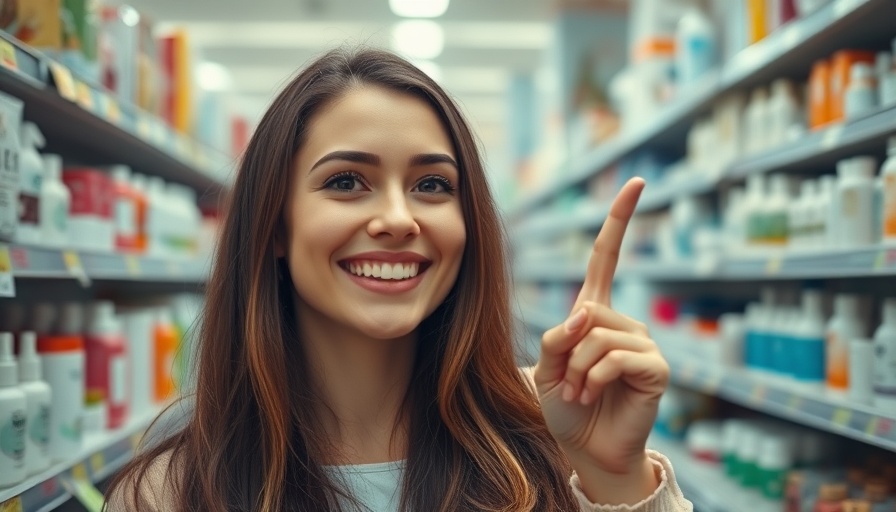 Woman shopping in a drugstore aisle for affordable skincare.