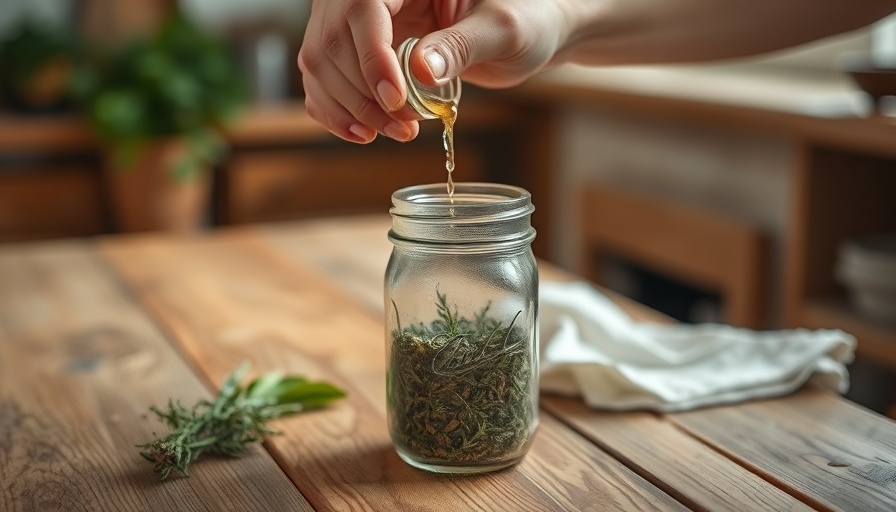 Pouring liquid into jar of yarrow tincture, natural kitchen.