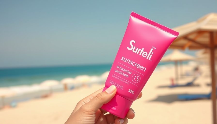 Sunscreen myths: vibrant pink tube at a sunny beach.