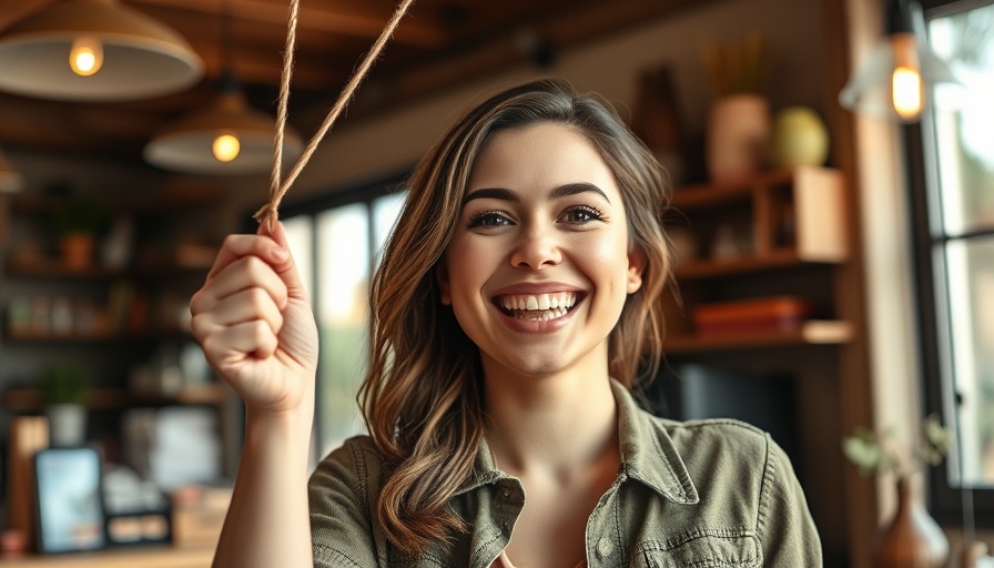 Joyful young woman hanging open sign, reflecting small business success.