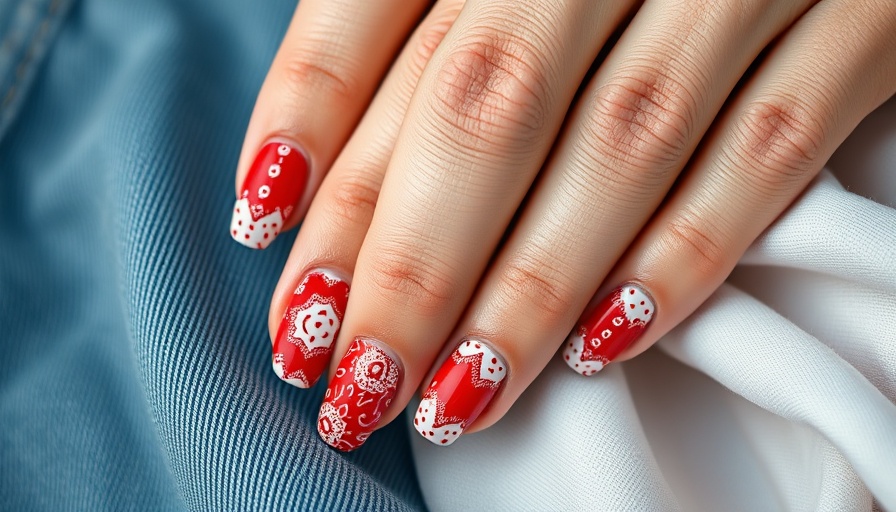 Stylish red and white bandana nails, summer trend.