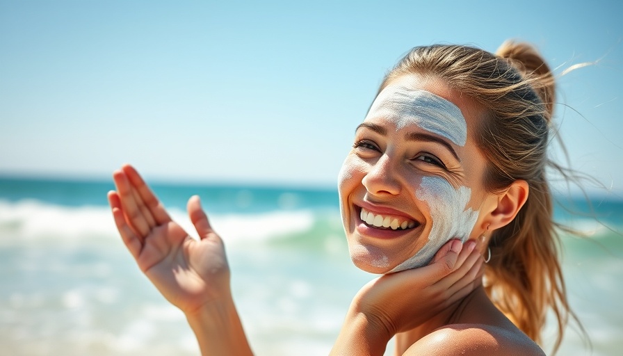 Woman enjoying sea scrub facial at the beach under sunny sky.