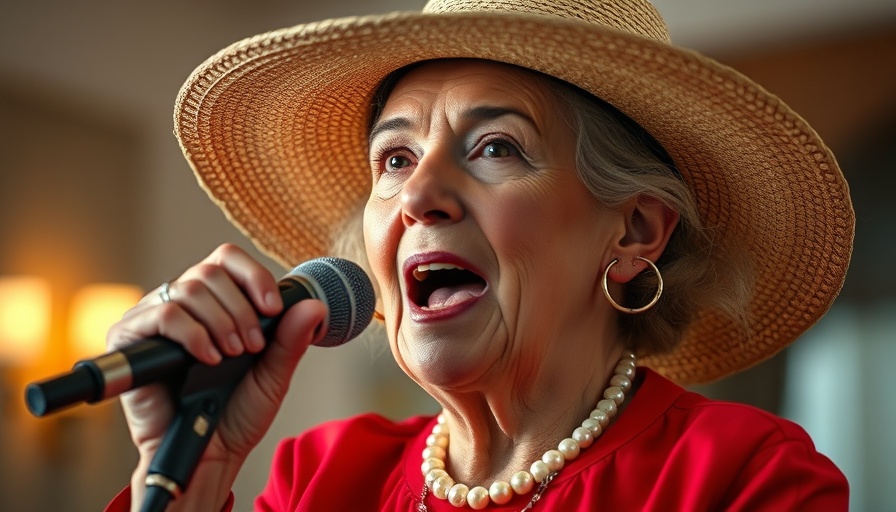 Older woman in a hat speaking into a microphone indoors.
