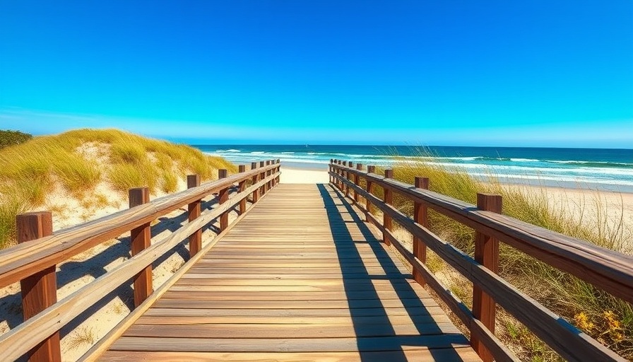 Sunny boardwalk leading to a beach with clear sky.